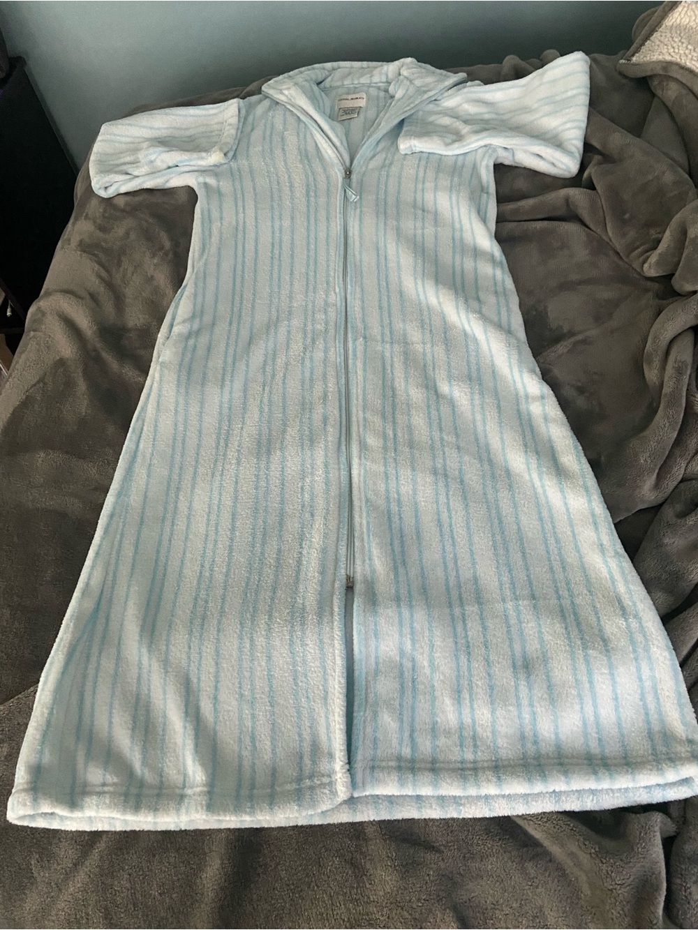 Women Light Blue Striped Hooded Pajama Gown